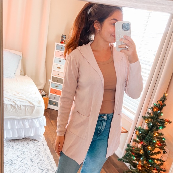 soft and cozy hooded light pink long sleeve open cardigan with pockets women’s - Picture 1 of 8